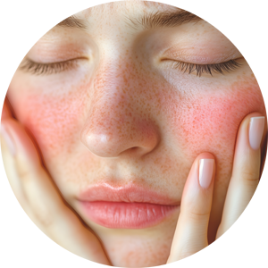 Nahaufnahme eines Gesichts mit geröteter Haut und sichtbaren Hautreizungen, typisch für Rosacea. Fokus auf ästhetische Dermatologie und Hautbehandlungen in einer Hautarztpraxis für Dermatologie & Ästhetik in Leipzig.